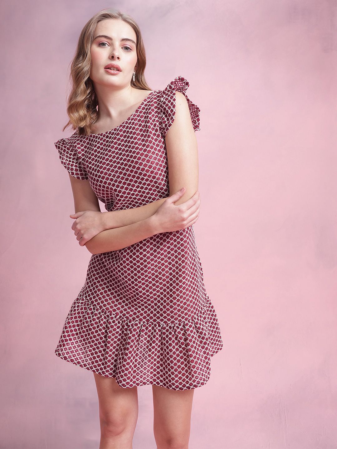 DressBerry Flutter Sleeve Crochet A-Line Mini Dress