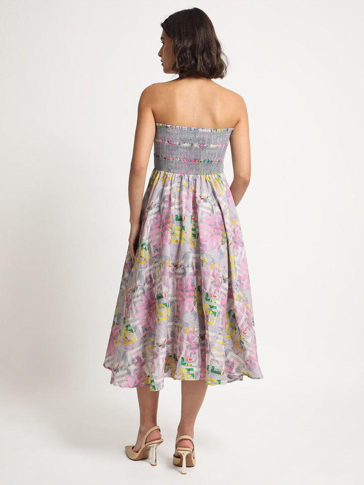 RAREISM Geo Floral Printed Off-Shoulder Fit & Flare Tube Midi Dress