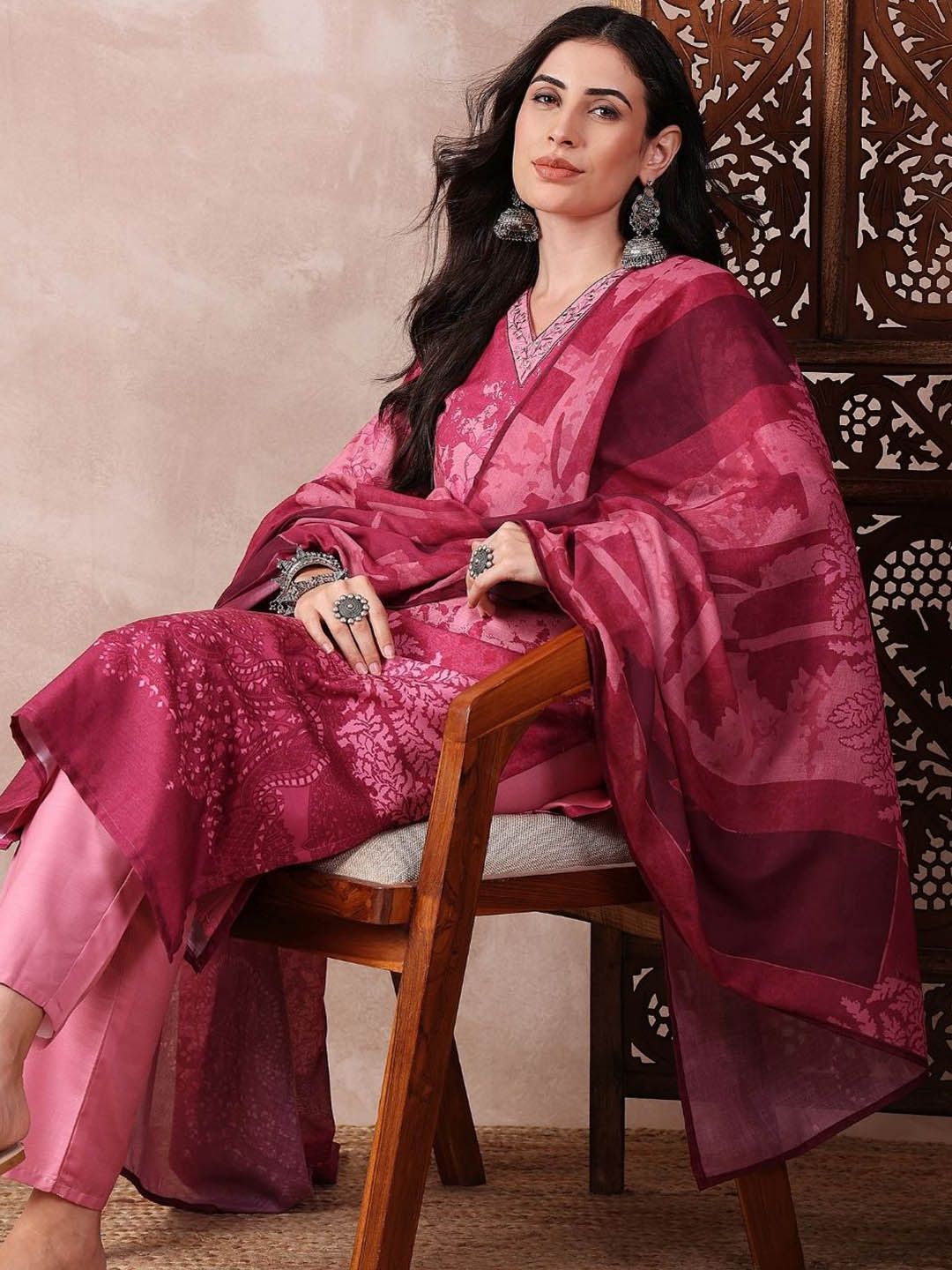 KALINI Floral Printed Thread Work V-Neck Straight Kurta With Trouser And Dupatta