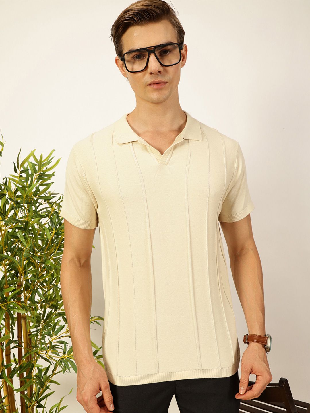 Thomas Scott Men Knit Striped Polo Collar Pure Cotton T-shirt