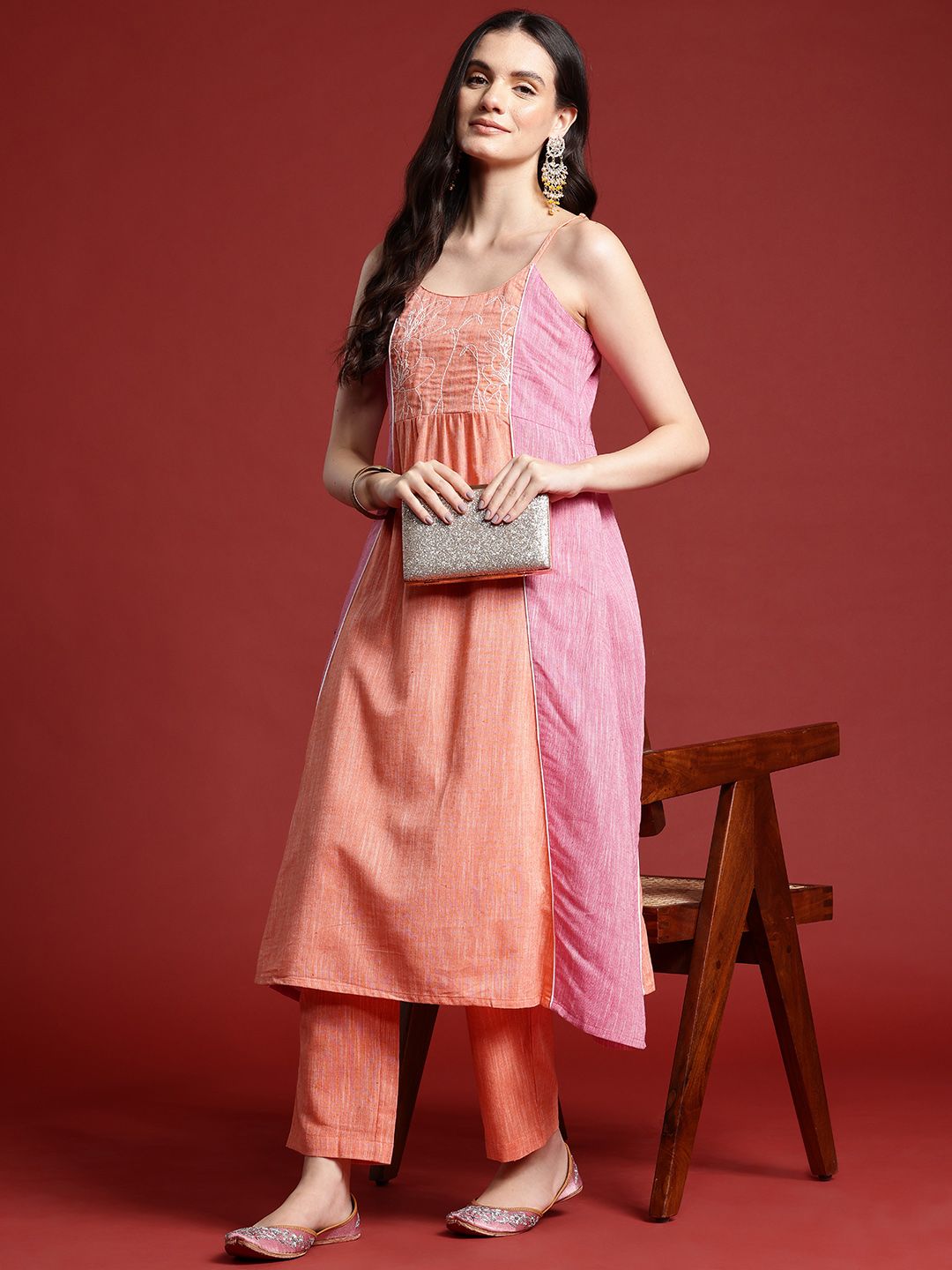 Anouk Colourblock Thread Work A-Line Kurta with Trousers