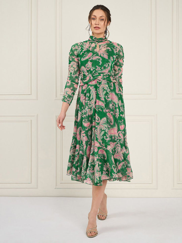 Antheaa Floral Printed Chiffon High Neck Fit & Flare Midi Dress