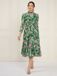 Antheaa Floral Printed Chiffon High Neck Fit & Flare Midi Dress