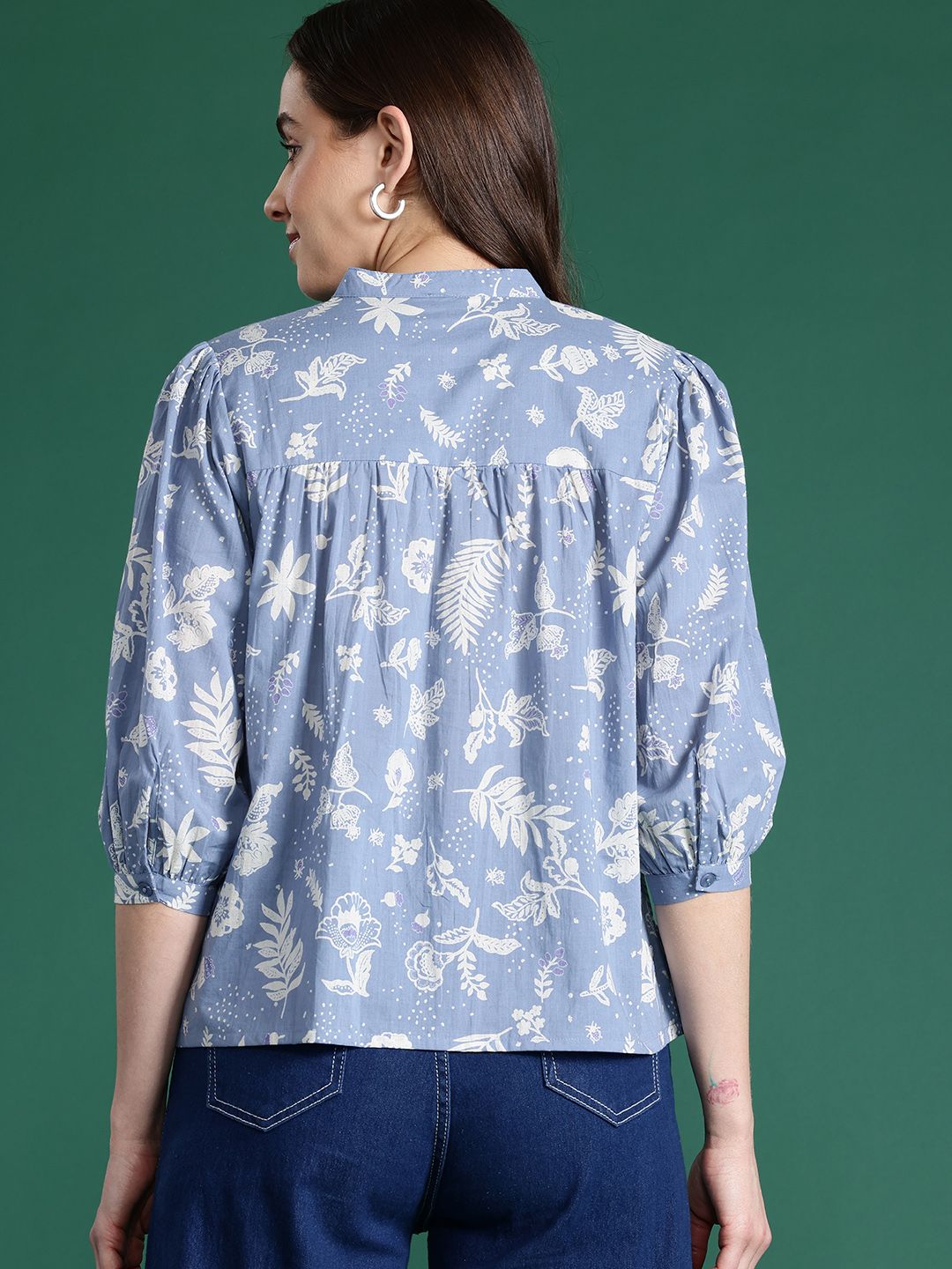 DressBerry Floral Print Mandarin Collar Cotton Shirt Style Top