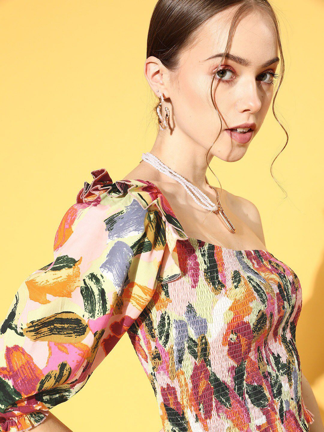 Berrylush Women Floral Print One Shoulder Crepe Top