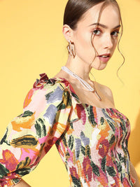 Berrylush Women Floral Print One Shoulder Crepe Top