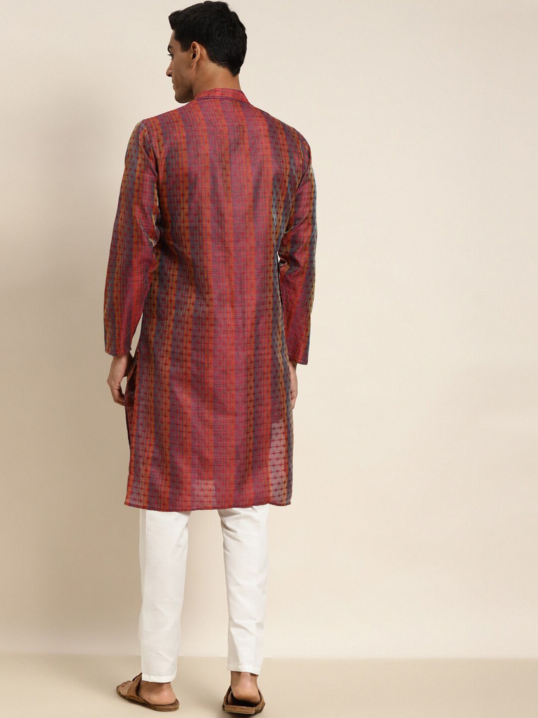 SOJANYA Kurta Berjalur Bunga Merah , Biru & Oren Lelaki