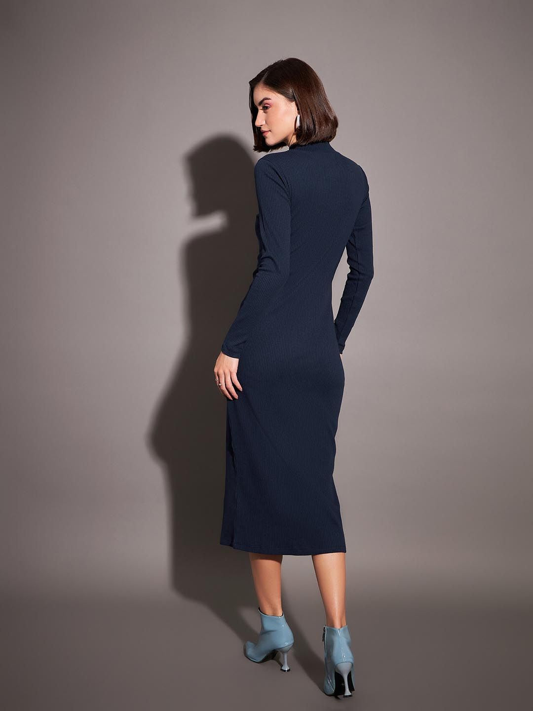 SASSAFRAS Navy Blue High Neck Long Sleeves Bodycon Midi Dress