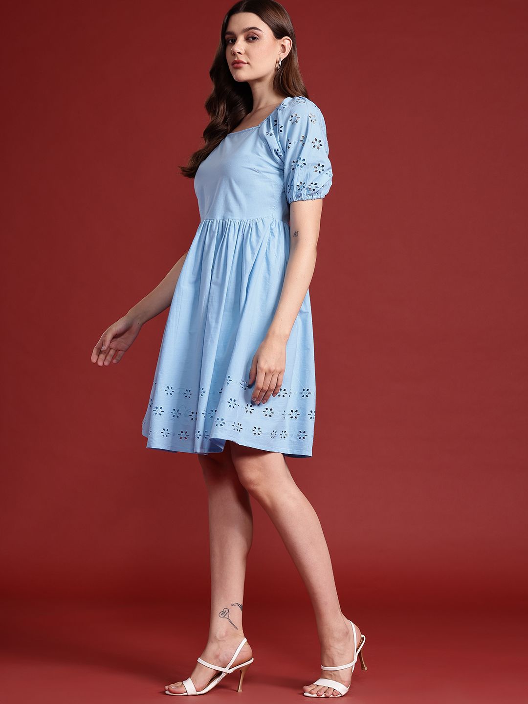 all about you Cotton Schiffli Embroidered Detail Puff Sleeves A-Line Dress