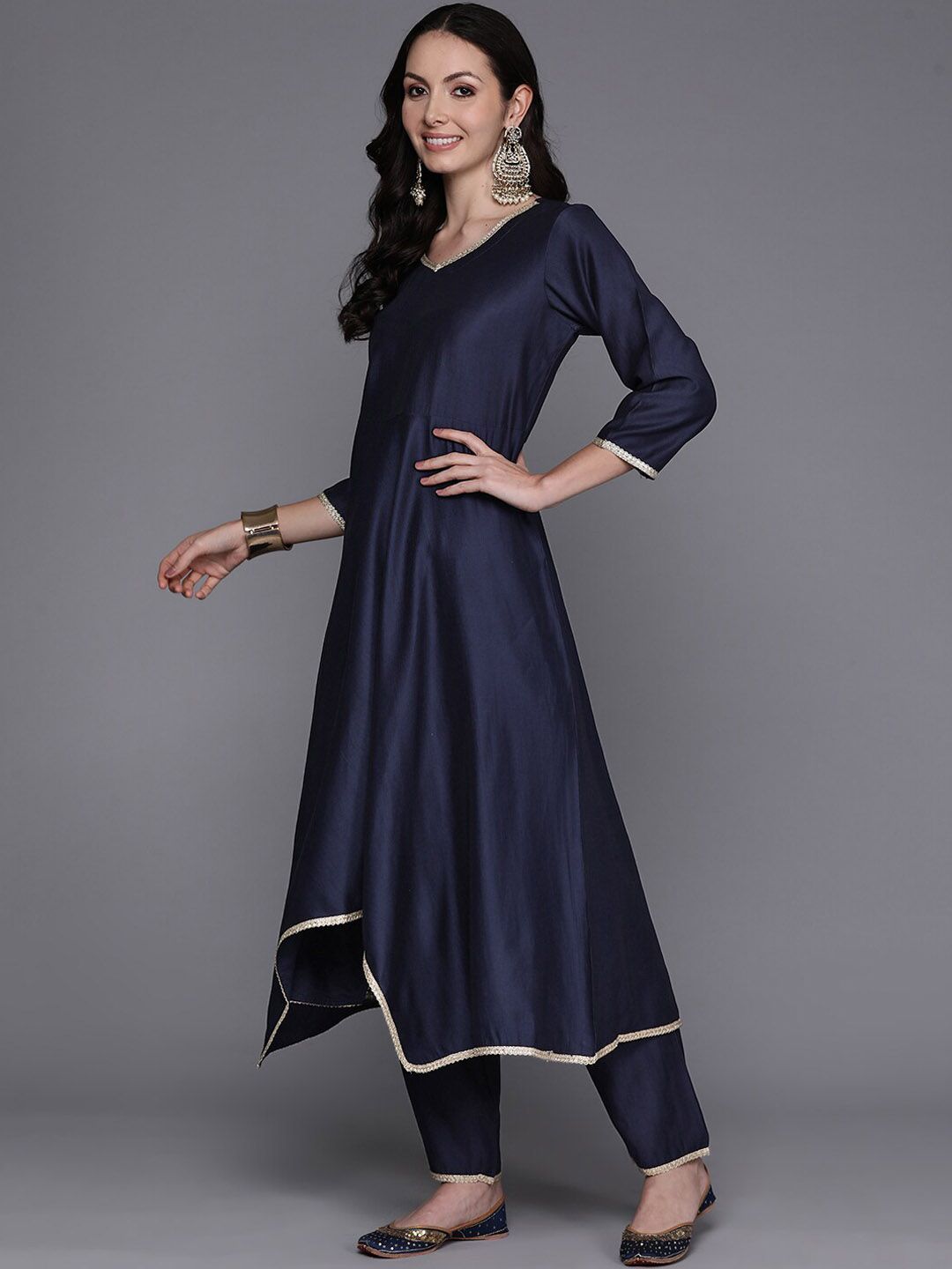 Indo Era Navy Blue Empire V-Neck Sequinned Kurta With Trousers & Dupatta