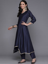 Indo Era Navy Blue Empire V-Neck Sequinned Kurta With Trousers & Dupatta