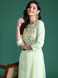 Indo Era Women Striped Regular Thread Work Pure Cotton Kurta with Trousers