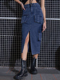 SASSAFRAS Blue Washed Cargo Pencil Midi Denim Skirt