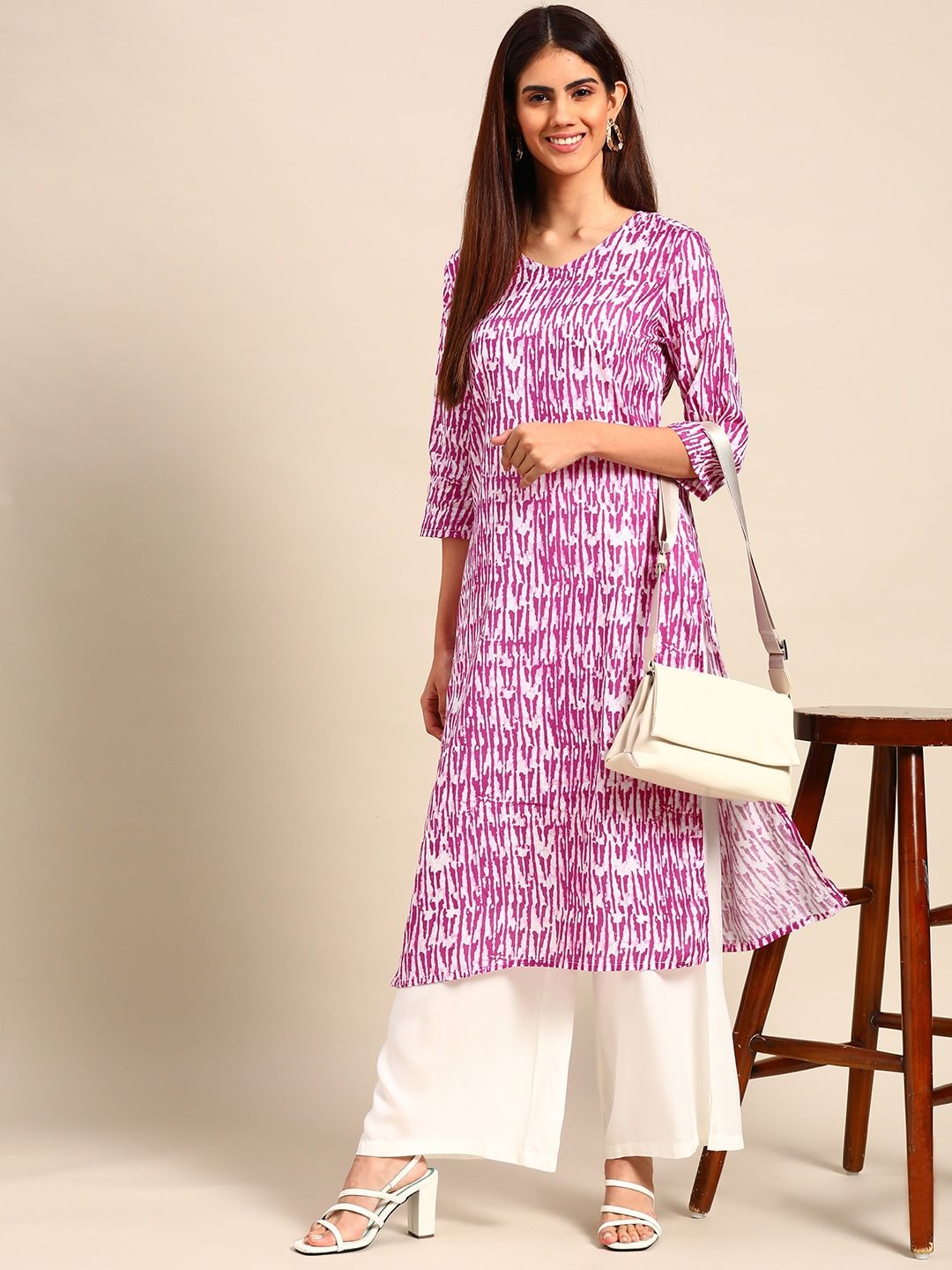 Anouk Women Purple & White Ethnic Motifs Printed Cotton Kurta