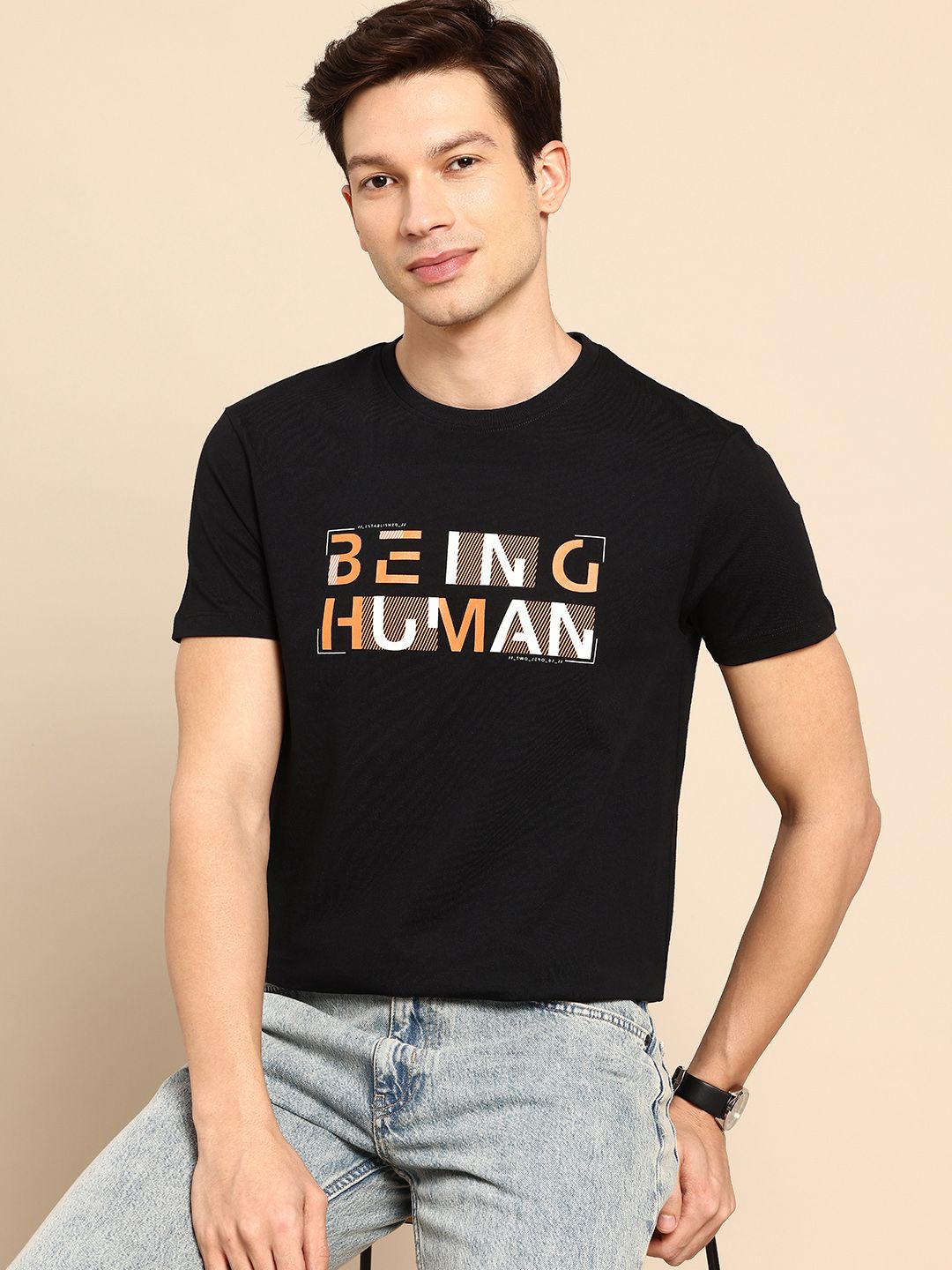 Being Human Brand Logo Printed Pure Cotton Slim Fit T-shirt