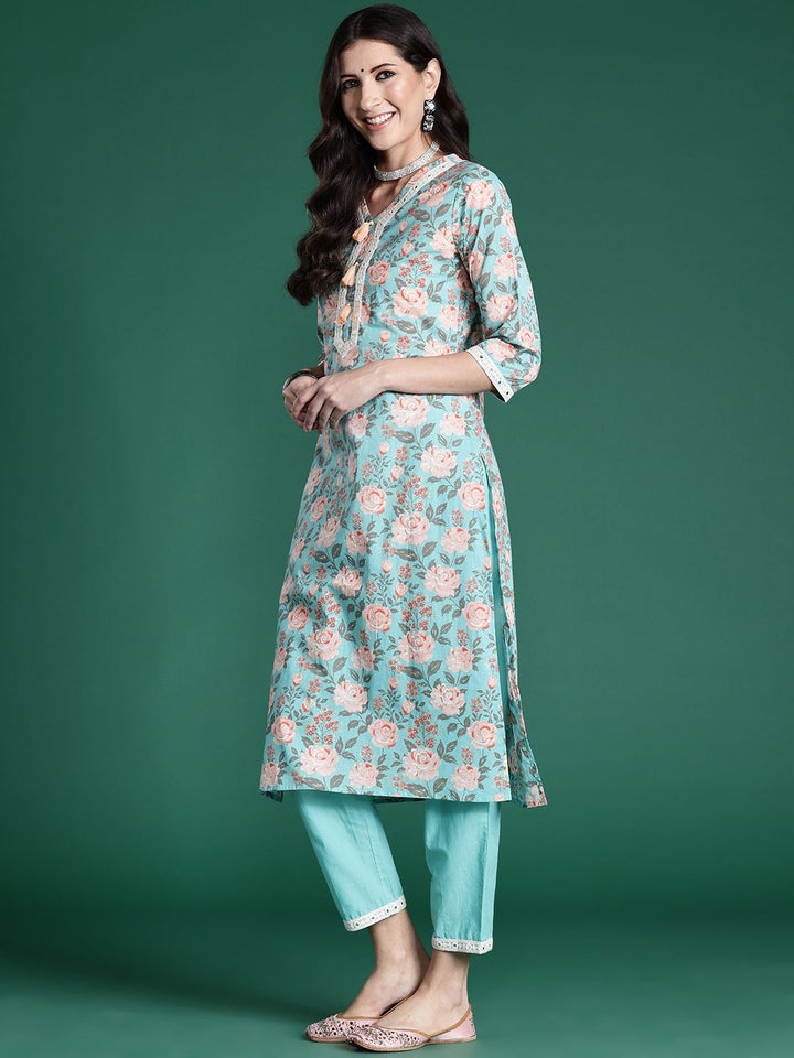Indo Era Women Floral Printed Regular Mirror Work Pure Cotton Kurta with Trousers & With Dupatta