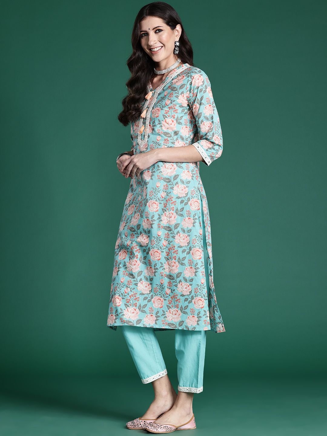 Indo Era Women Floral Printed Regular Mirror Work Pure Cotton Kurta with Trousers & With Dupatta
