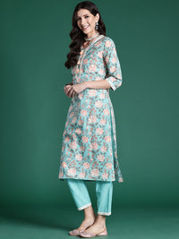 Indo Era Women Floral Printed Regular Mirror Work Pure Cotton Kurta with Trousers & With Dupatta