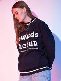 STREET 9 Navy Blue Typography Printed Drop Shoulder Pullover Fleece Sweatshirt