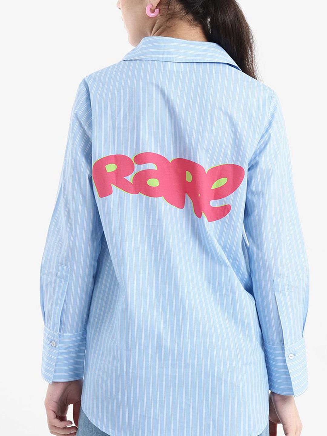 RAREISM Women Vertical Striped Cotton Shirt Collar Longline Top