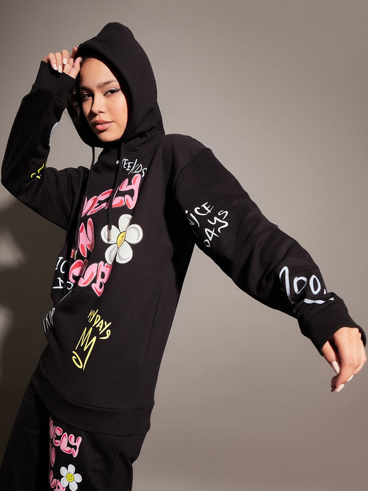 SASSAFRAS Typography Printed Long Sleeves Hooded Fleece Sweatshirt