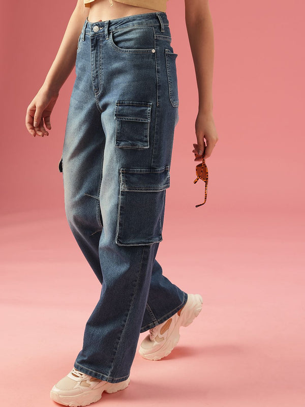 DressBerry Women Baggy Wide High-Rise Heavy Fade Stretchable Jeans