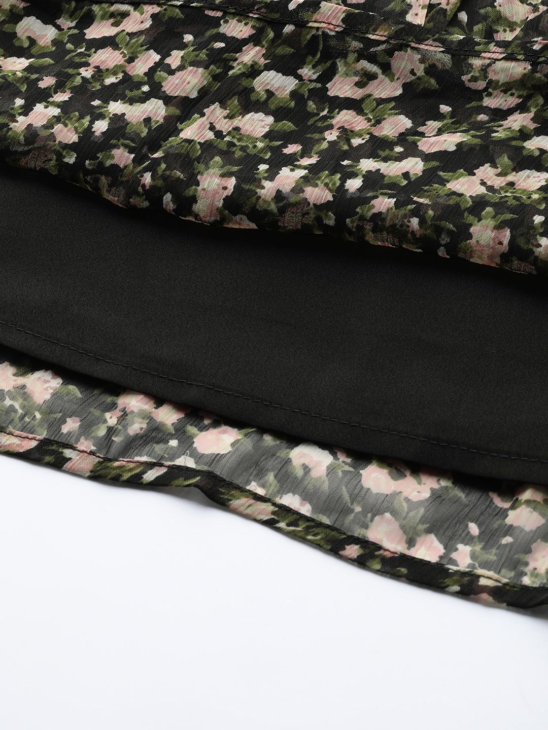 Antheaa Women Black & Green Floral Print Smocked Wrap Dress