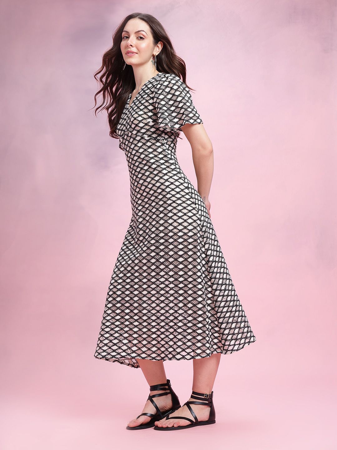 DressBerry Flared Sleeve Crochet A-Line Midi Dress