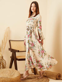 Berrylush Floral Print Bell Sleeve Crepe A-Line Maxi Dress