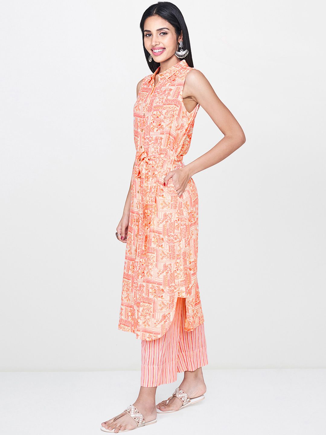 Global Desi Women Cream-Coloured & Pink Printed Kurta with Trousers