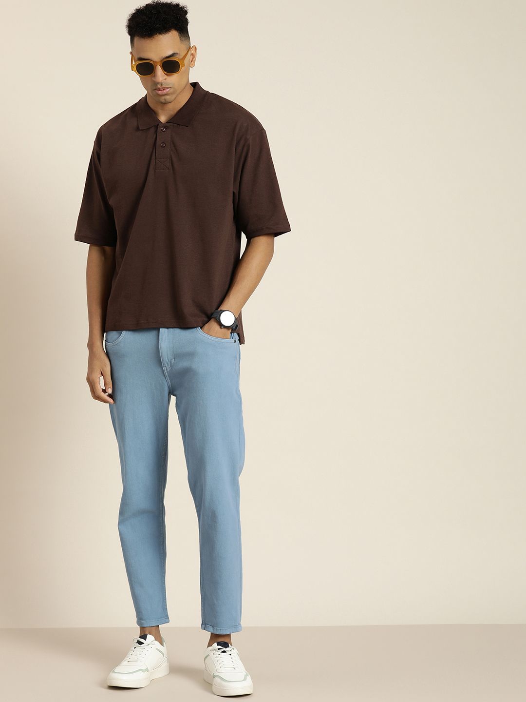 DILLINGER Men Solid Honeycomb Structure Oversized Pure Cotton Polo T-Shirt