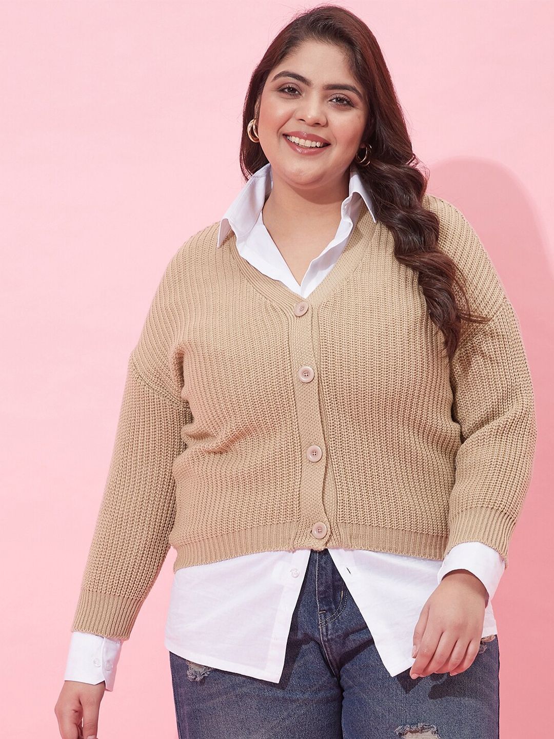 CURVY STREET Women Ribbed Acrylic Crop Cardigan