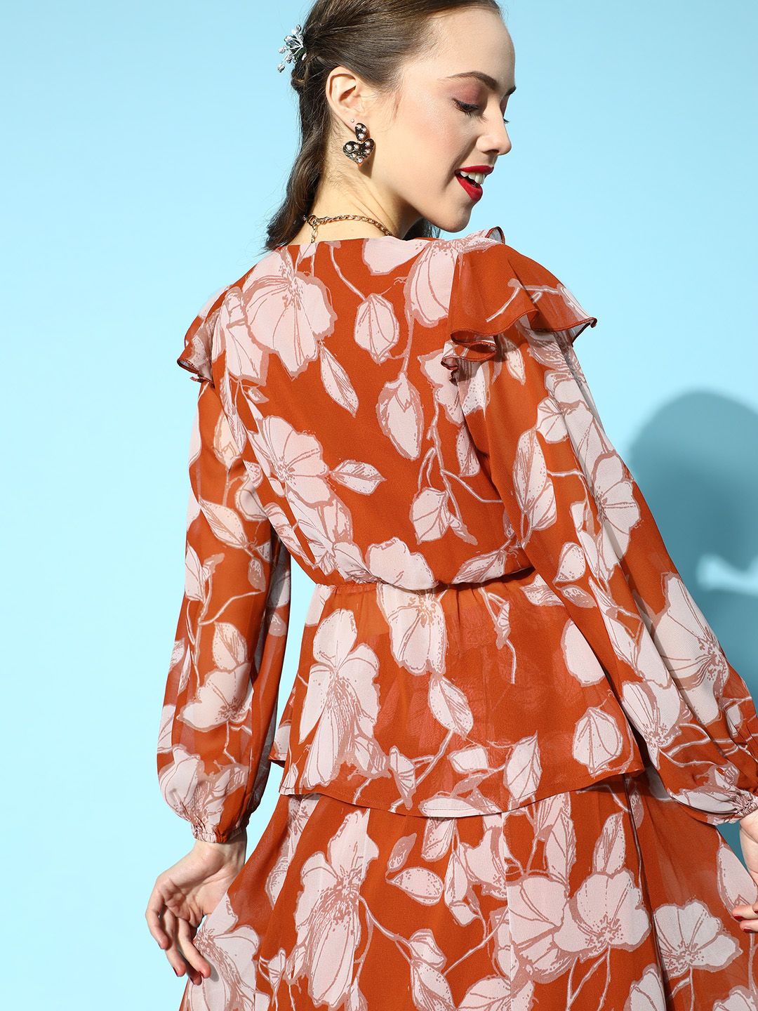 SASSAFRAS Brown & Beige Floral Print Ruffles Top