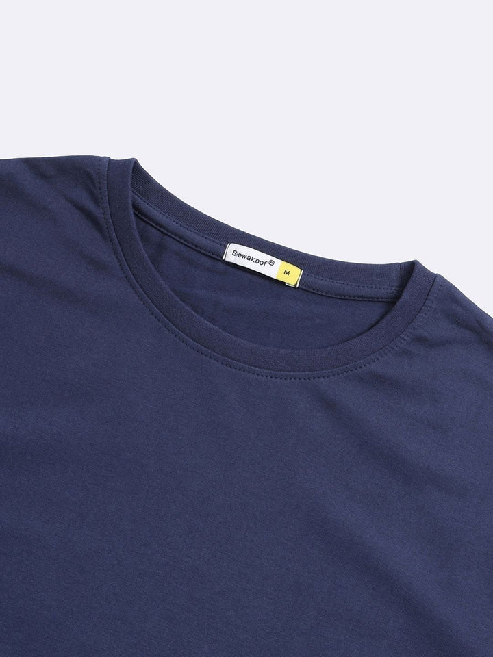 Bewakoof Men Navy Blue Solid Round Neck Pure Cotton T-shirt