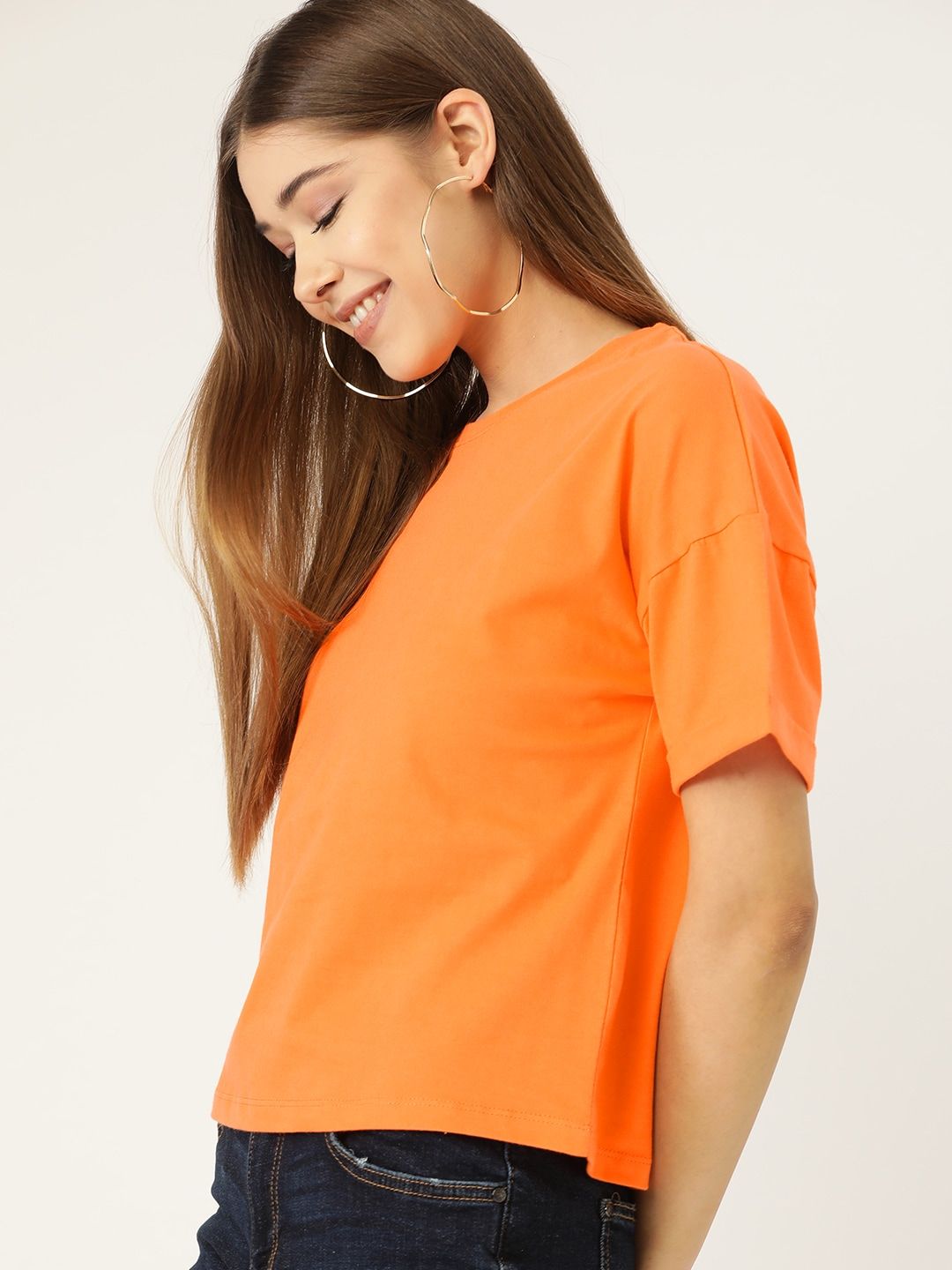 DressBerry Women Orange Extended Sleeved Cotton T-shirt