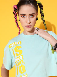 STREET 9 Women Sea Green Printed Cotton Drop-Shoulder Sleeves Bio Finish Oversized  T-shirt