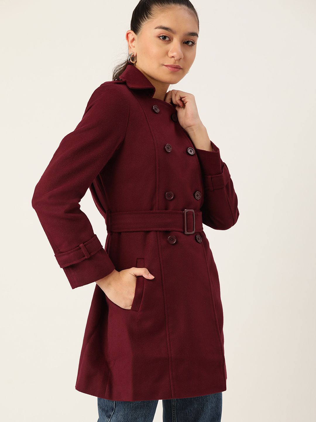 DressBerry Women Burgundy Solid Hip Length Overcoat