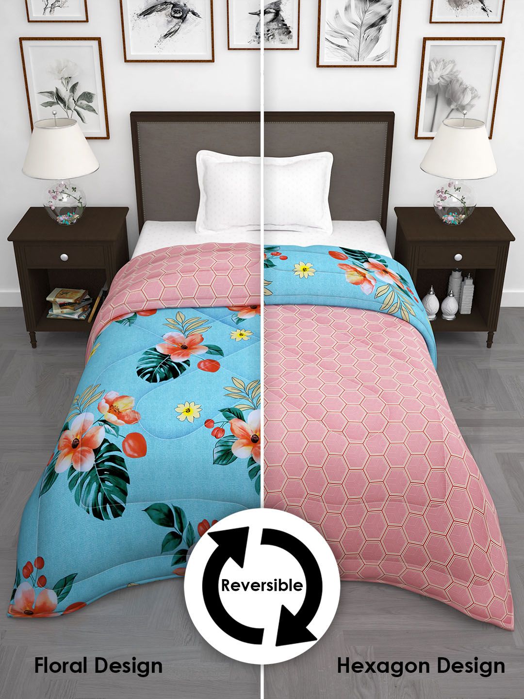 Story@home Pink & Blue Floral 180 GSM AC Room Reversible Single Bed Comforter