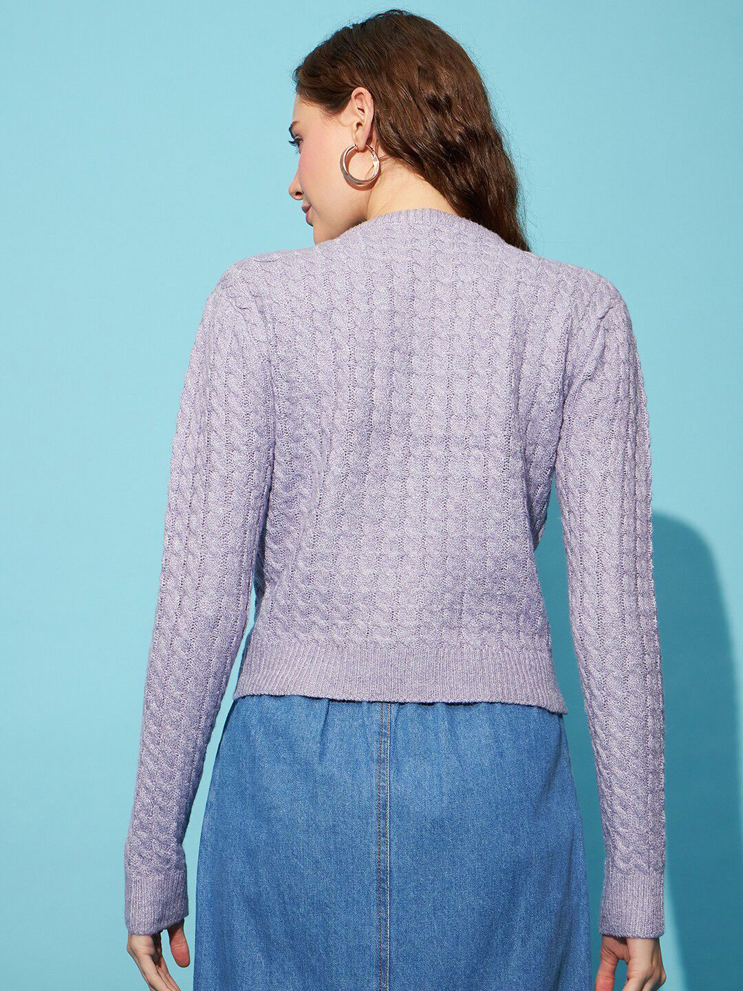 STREET 9 Lavender Self Design Cable Knit Acrylic Cardigan Sweater