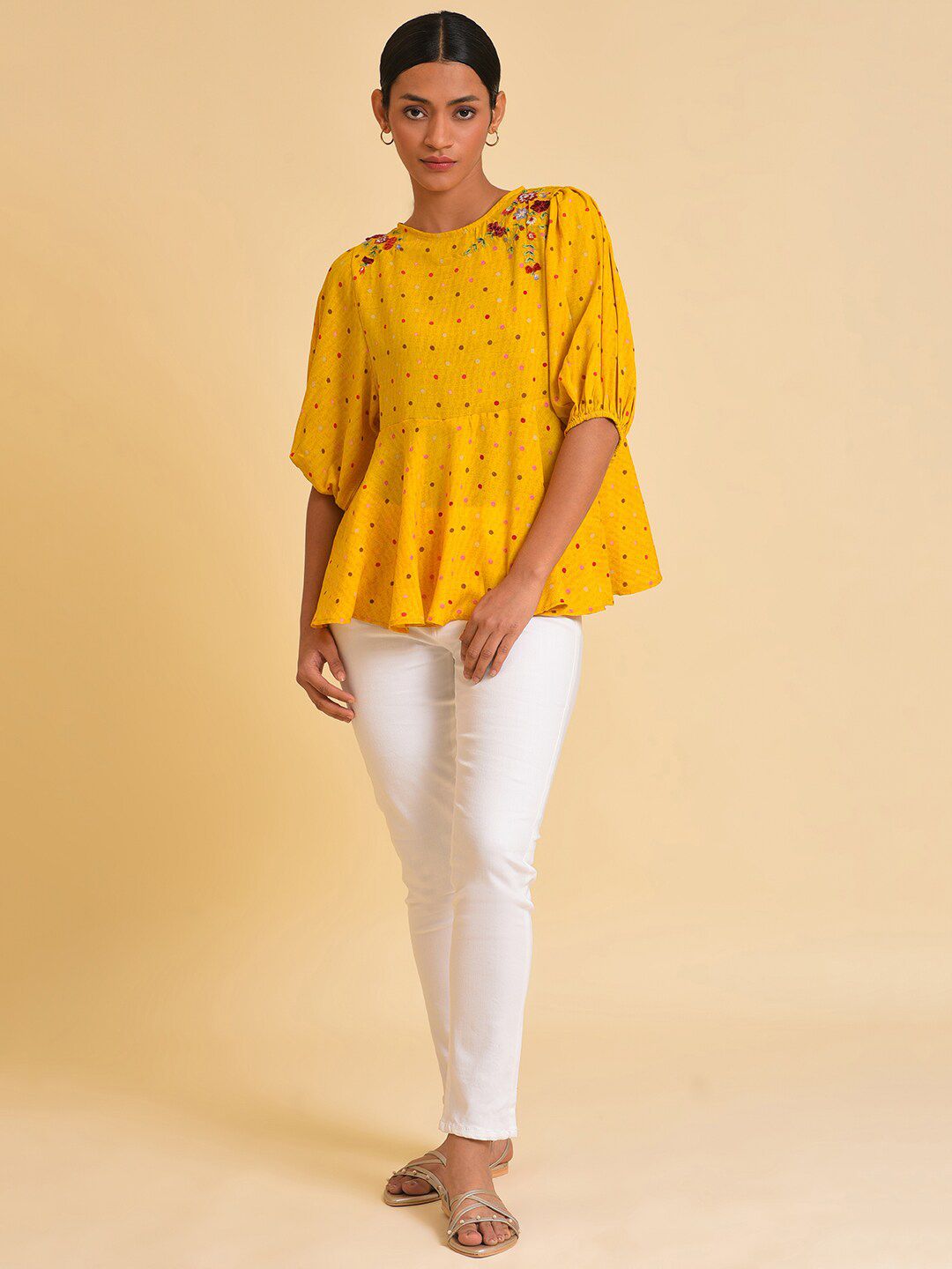 W Yellow Polka Dots Printed Puff Sleeves Embeoidered Pepium Top