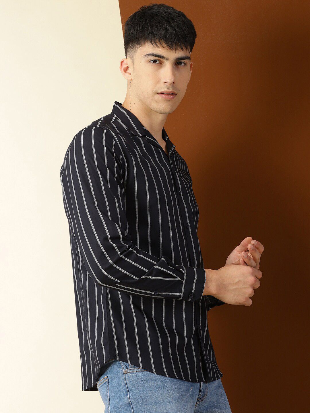 Thomas Scott Classic Vertical Stripes Cuban Collar Cotton Casual Shirt