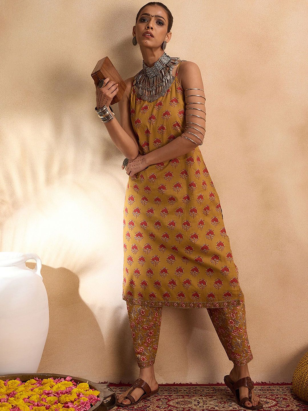 Indo Era Floral Printed Pure Cotton Straight  Kurta with Trousers