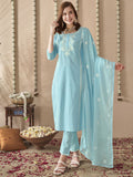 Anouk Embroidered Regular Thread Work Pure Cotton Straight Kurta With Trousers & Dupatta