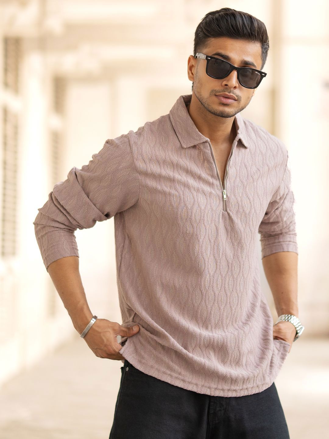 Powerlook Men Self Design Polo Collar T-shirt