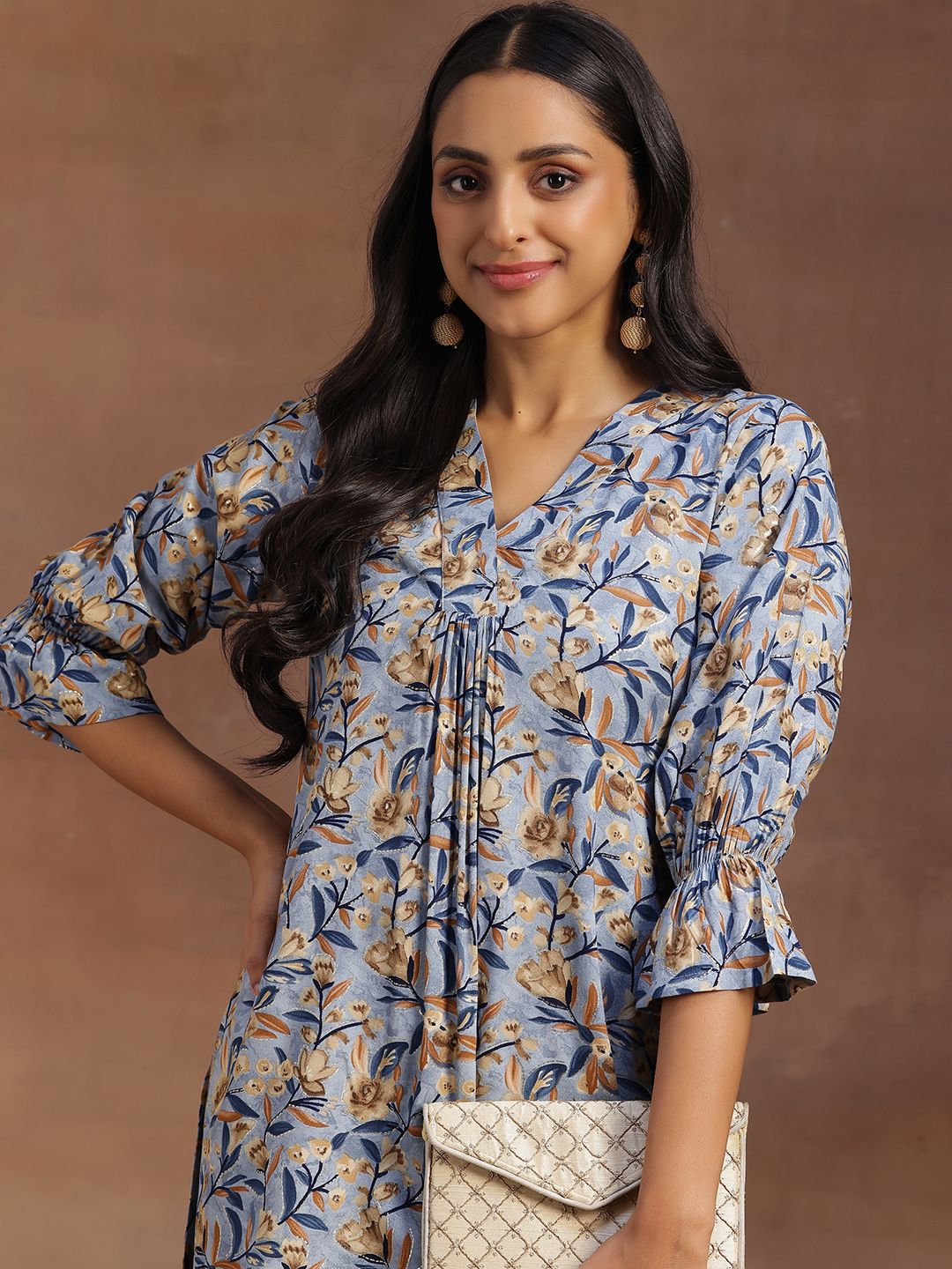 Libas Floral Printed V-Neck Pleated Kurti