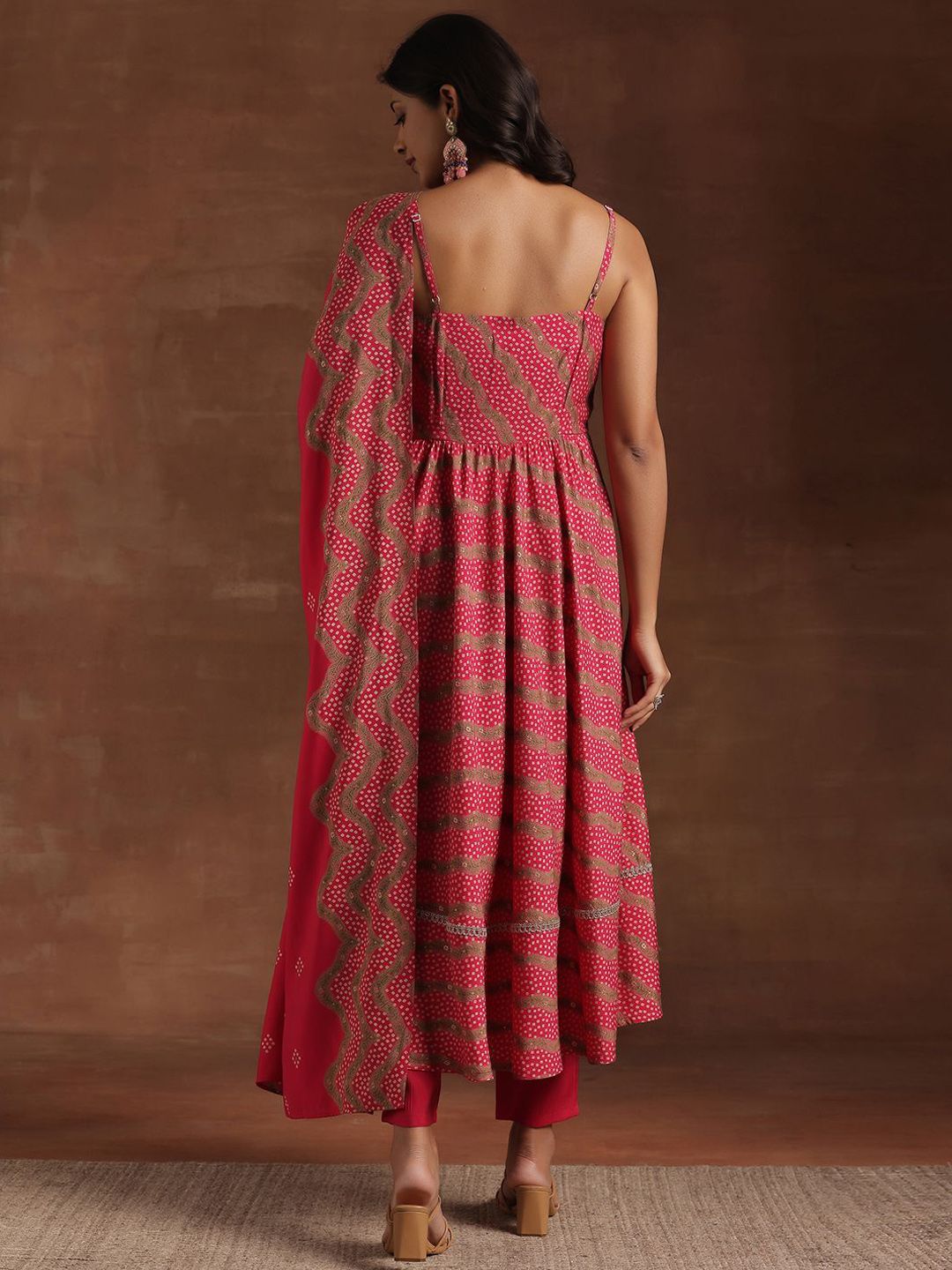 Libas Bandhani Printed Pleated Shoulder Straps Anarkali Kurta With Trouser & Dupatta