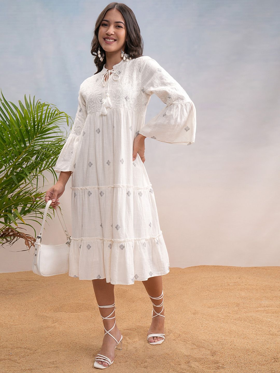 Vishudh Women Cotton Tie-up Neck Bell Sleeve Fit & Flare Midi Dress