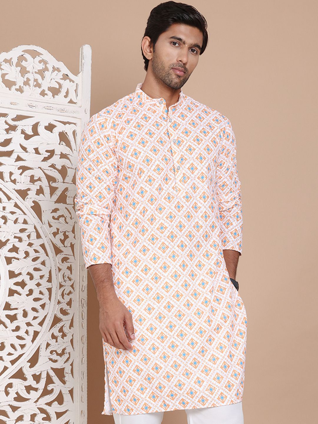 Jompers Men Geometric Printed Chikankari Kurta