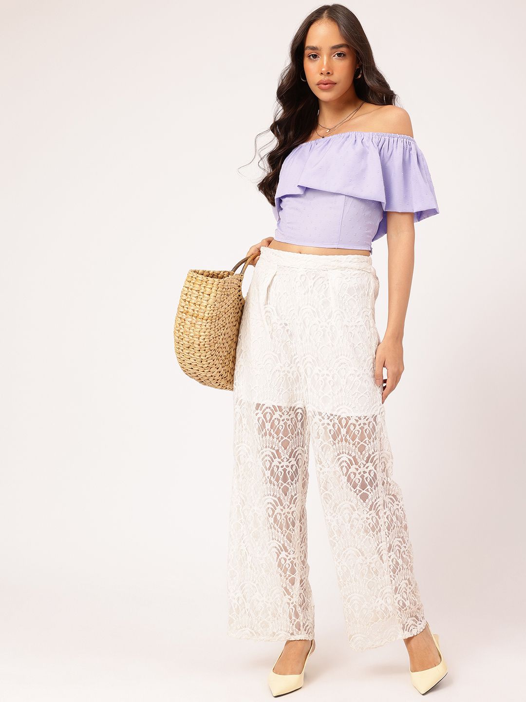 DressBerry Lavender Haze Dobby Ruffled Bardot Top