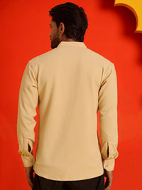 Jompers Striped Band Collar Long Roll-Up Sleeves Straight Kurta